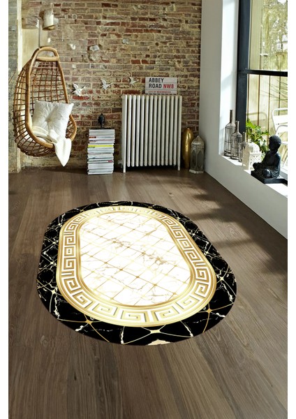 Dijital Baskılı Kaymaz Taban Yıkanabilir Mermer Oval Yolluk Salon Halısı, N-O-Mermer-18-Gold,