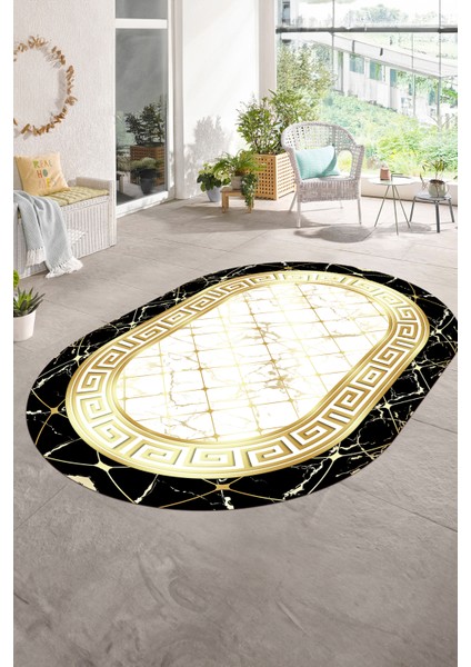 Dijital Baskılı Kaymaz Taban Yıkanabilir Mermer Oval Yolluk Salon Halısı, N-O-Mermer-18-Gold, modelleri