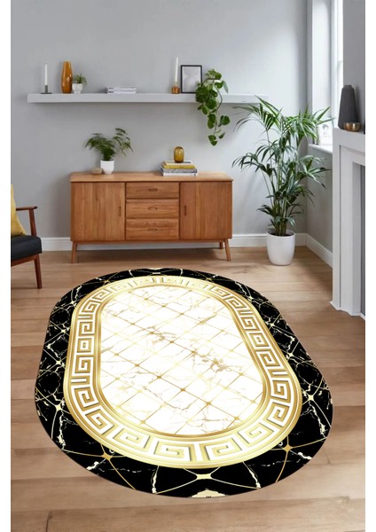 Dijital Baskılı Kaymaz Taban Yıkanabilir Mermer Oval Yolluk Salon Halısı, N-O-Mermer-18-Gold, indirimleri
