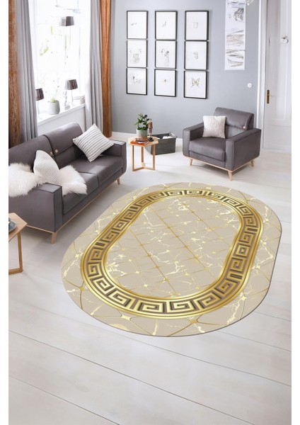 Dijital Baskılı Kaymaz Taban Yıkanabilir Mermer Oval Yolluk Salon Halısı, N-O-Mermer-18-Vizon,