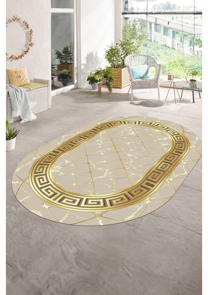 Dijital Baskılı Kaymaz Taban Yıkanabilir Mermer Oval Yolluk Salon Halısı, N-O-Mermer-18-Vizon,