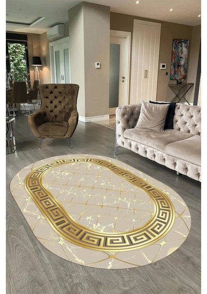 Dijital Baskılı Kaymaz Taban Yıkanabilir Mermer Oval Yolluk Salon Halısı, N-O-Mermer-18-Vizon,