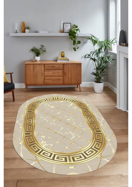 Dijital Baskılı Kaymaz Taban Yıkanabilir Mermer Oval Yolluk Salon Halısı, N-O-Mermer-18-Vizon,