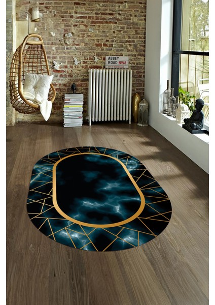 Dijital Baskılı Kaymaz Taban Yıkanabilir Mermer Oval Yolluk Salon Halısı, N-O-Mermer-24-Mavi,