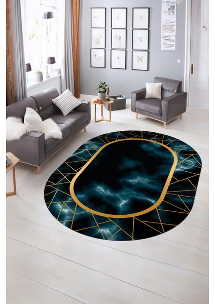 Dijital Baskılı Kaymaz Taban Yıkanabilir Mermer Oval Yolluk Salon Halısı, N-O-Mermer-24-Mavi, fiyatları