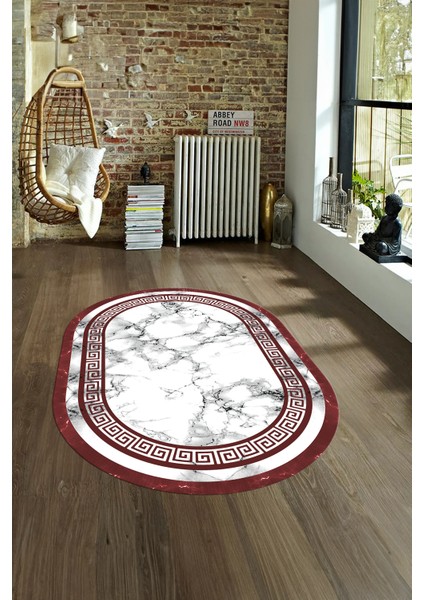 Dijital Baskılı Kaymaz Taban Yıkanabilir Mermer Oval Yolluk Salon Halısı, N-O-Mermer-21-Bordo,