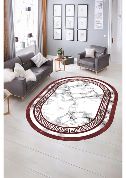 Dijital Baskılı Kaymaz Taban Yıkanabilir Mermer Oval Yolluk Salon Halısı, N-O-Mermer-21-Bordo, fiyatları