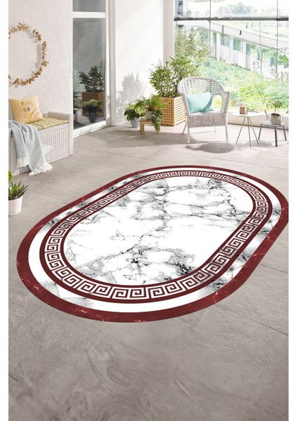 Dijital Baskılı Kaymaz Taban Yıkanabilir Mermer Oval Yolluk Salon Halısı, N-O-Mermer-21-Bordo, modelleri