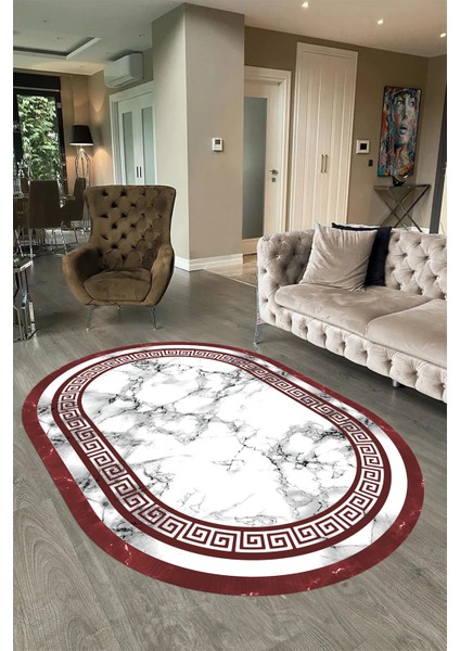 Dijital Baskılı Kaymaz Taban Yıkanabilir Mermer Oval Yolluk Salon Halısı, N-O-Mermer-21-Bordo, fırsatları