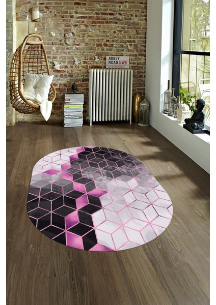 Dijital Baskılı Kaymaz Taban Yıkanabilir Mermer Oval Yolluk Salon Halısı, N-O-Mermer-19-Pembe,