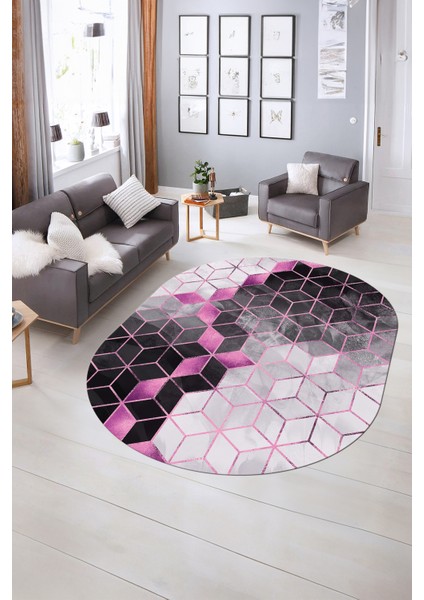 Dijital Baskılı Kaymaz Taban Yıkanabilir Mermer Oval Yolluk Salon Halısı, N-O-Mermer-19-Pembe, fiyatları