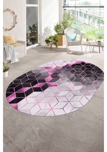 Dijital Baskılı Kaymaz Taban Yıkanabilir Mermer Oval Yolluk Salon Halısı, N-O-Mermer-19-Pembe, modelleri