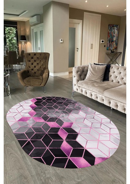 Dijital Baskılı Kaymaz Taban Yıkanabilir Mermer Oval Yolluk Salon Halısı, N-O-Mermer-19-Pembe, fırsatları