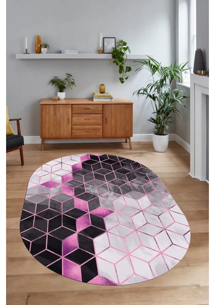 Dijital Baskılı Kaymaz Taban Yıkanabilir Mermer Oval Yolluk Salon Halısı, N-O-Mermer-19-Pembe, indirimleri