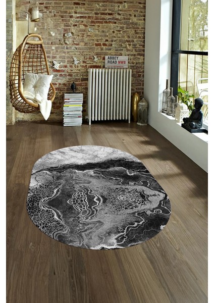 Dijital Baskılı Kaymaz Taban Yıkanabilir Mermer Oval Yolluk Salon Halısı, N-O-Mermer-25-Gri,