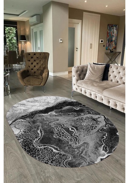 Dijital Baskılı Kaymaz Taban Yıkanabilir Mermer Oval Yolluk Salon Halısı, N-O-Mermer-25-Gri, fırsatları