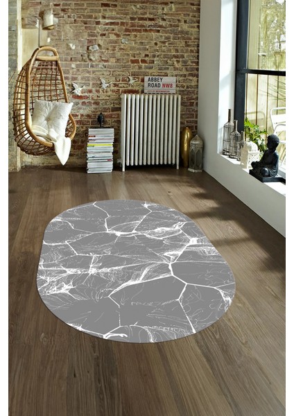 Dijital Baskılı Kaymaz Taban Yıkanabilir Mermer Oval Yolluk Salon Halısı, N-O-Mermer-01-Gri,