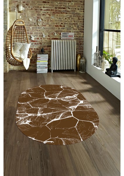 Dijital Baskılı Kaymaz Taban Yıkanabilir Mermer Oval Yolluk Salon Halısı, N-O-Mermer-01-Kahve,
