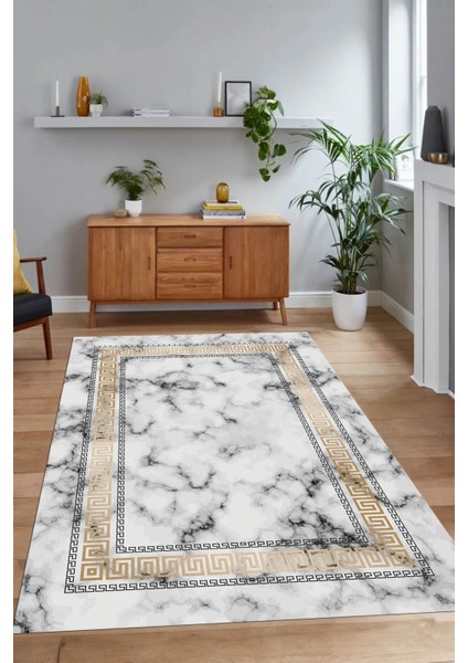 Dijital Baskılı Kaymaz Taban Yıkanabilir Mermer Yolluk Mutfak Salon Halısı, N-Mermer-14-Gold,