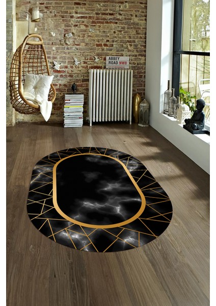 Dijital Baskılı Kaymaz Taban Yıkanabilir Mermer Oval Yolluk Salon Halısı, N-O-Mermer-24-Siyah,