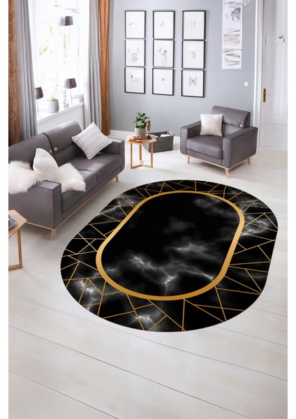Dijital Baskılı Kaymaz Taban Yıkanabilir Mermer Oval Yolluk Salon Halısı, N-O-Mermer-24-Siyah, fiyatları