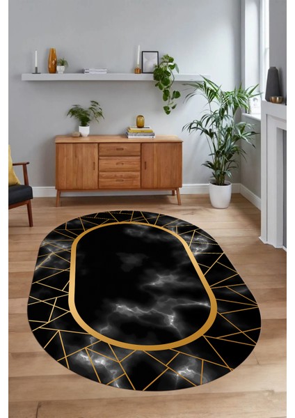 Dijital Baskılı Kaymaz Taban Yıkanabilir Mermer Oval Yolluk Salon Halısı, N-O-Mermer-24-Siyah, indirimleri