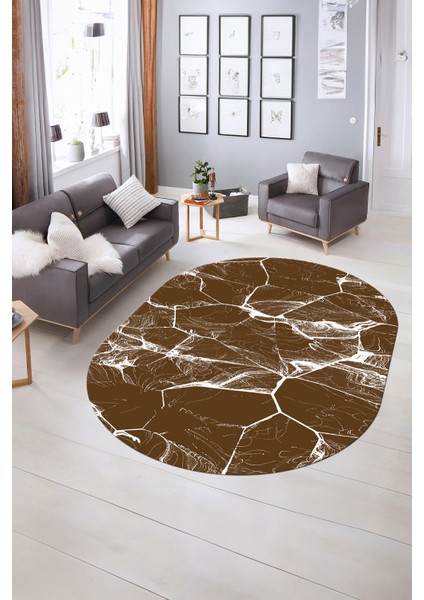 Dijital Baskılı Kaymaz Taban Yıkanabilir Mermer Oval Yolluk Salon Halısı, N-O-Mermer-01-Kahve, fiyatları