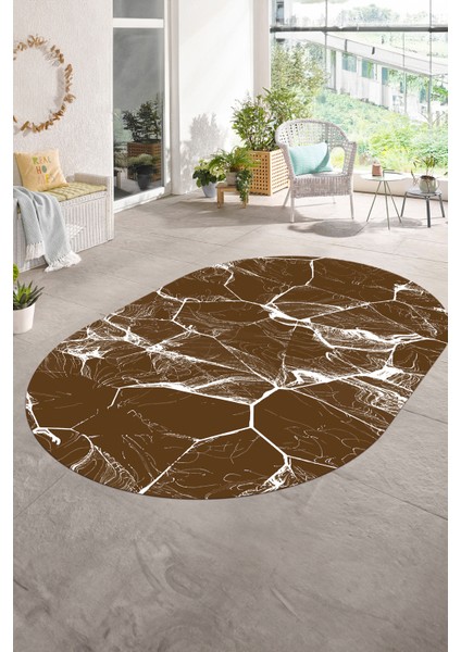 Dijital Baskılı Kaymaz Taban Yıkanabilir Mermer Oval Yolluk Salon Halısı, N-O-Mermer-01-Kahve, modelleri