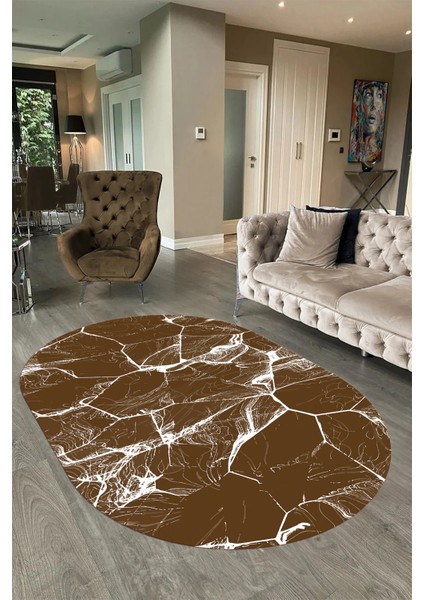 Dijital Baskılı Kaymaz Taban Yıkanabilir Mermer Oval Yolluk Salon Halısı, N-O-Mermer-01-Kahve, fırsatları