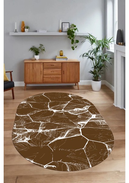 Dijital Baskılı Kaymaz Taban Yıkanabilir Mermer Oval Yolluk Salon Halısı, N-O-Mermer-01-Kahve, indirimleri