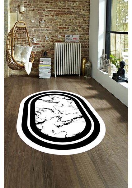Dijital Baskılı Kaymaz Taban Yıkanabilir Mermer Oval Yolluk Salon Halısı, N-O-Mermer-06-Beyaz,