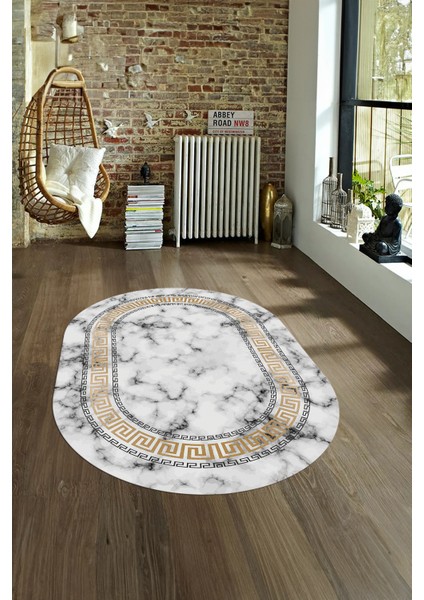 Dijital Baskılı Kaymaz Taban Yıkanabilir Mermer Oval Yolluk Salon Halısı, N-O-Mermer-14-Gold,