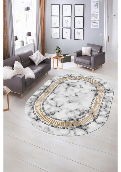 Dijital Baskılı Kaymaz Taban Yıkanabilir Mermer Oval Yolluk Salon Halısı, N-O-Mermer-14-Gold, fiyatları