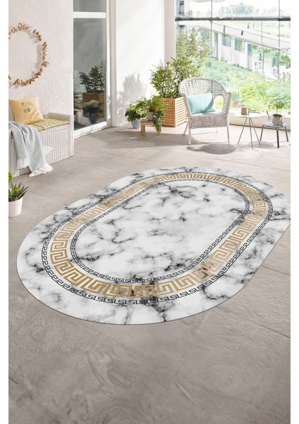 Dijital Baskılı Kaymaz Taban Yıkanabilir Mermer Oval Yolluk Salon Halısı, N-O-Mermer-14-Gold, modelleri