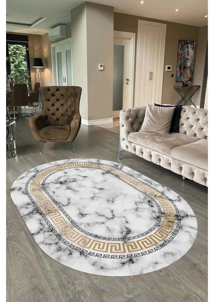 Dijital Baskılı Kaymaz Taban Yıkanabilir Mermer Oval Yolluk Salon Halısı, N-O-Mermer-14-Gold, fırsatları