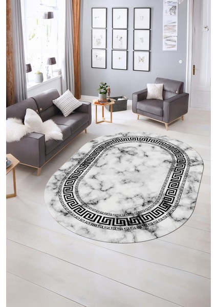 Dijital Baskılı Kaymaz Taban Yıkanabilir Mermer Oval Yolluk Salon Halısı, N-O-Mermer-14-Siyah, fiyatları