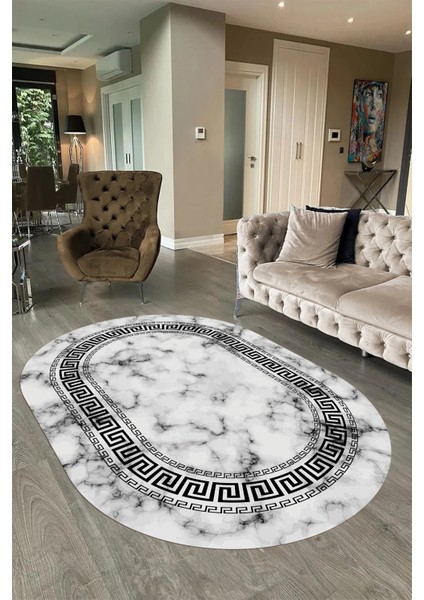 Dijital Baskılı Kaymaz Taban Yıkanabilir Mermer Oval Yolluk Salon Halısı, N-O-Mermer-14-Siyah, fırsatları