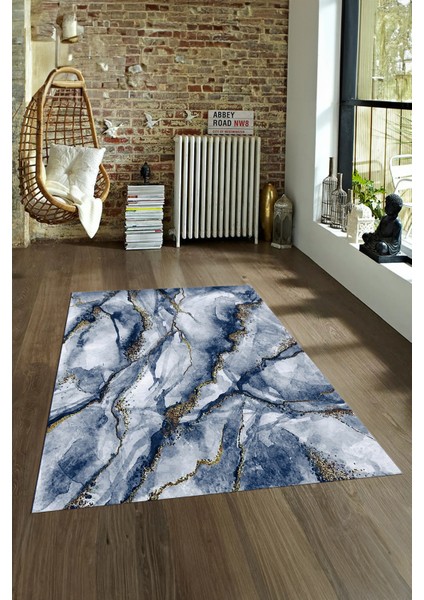 Dijital Baskılı Kaymaz Taban Yıkanabilir Mermer Yolluk Mutfak Salon Halısı, N-Mermer-02-Mavi,