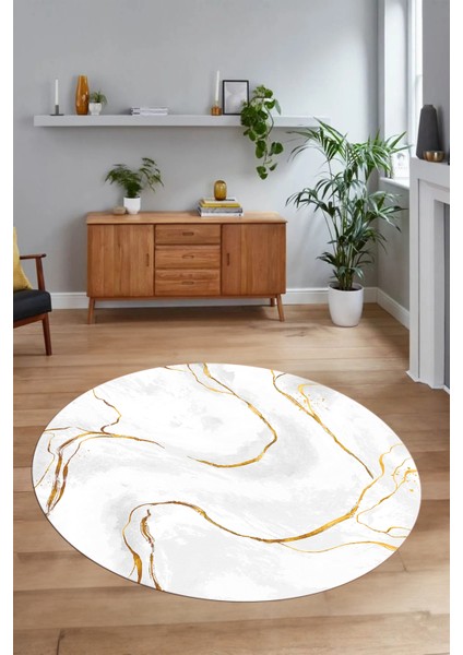 Dijital Baskılı Kaymaz Yıkanabilir Mermer Yuvarlak Mutfak Salon Halısı, N-Y-Mermer-29-Beyaz,