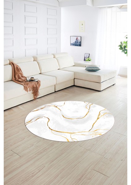 Dijital Baskılı Kaymaz Yıkanabilir Mermer Yuvarlak Mutfak Salon Halısı, N-Y-Mermer-29-Beyaz,