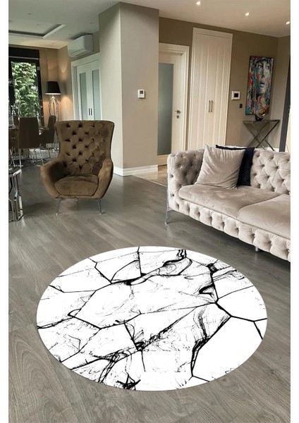 Dijital Baskılı Kaymaz Yıkanabilir Mermer Yuvarlak Mutfak Salon Halısı, N-Y-Mermer-01-Beyaz,