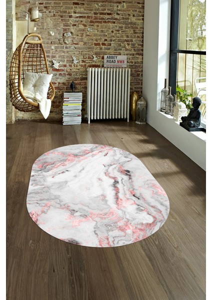 Dijital Baskılı Kaymaz Taban Yıkanabilir Mermer Oval Yolluk Salon Halısı, N-O-Mermer-26-Pembe,