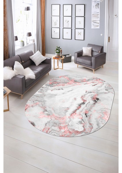 Dijital Baskılı Kaymaz Taban Yıkanabilir Mermer Oval Yolluk Salon Halısı, N-O-Mermer-26-Pembe, fiyatları