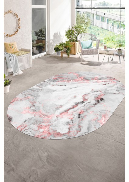 Dijital Baskılı Kaymaz Taban Yıkanabilir Mermer Oval Yolluk Salon Halısı, N-O-Mermer-26-Pembe, modelleri