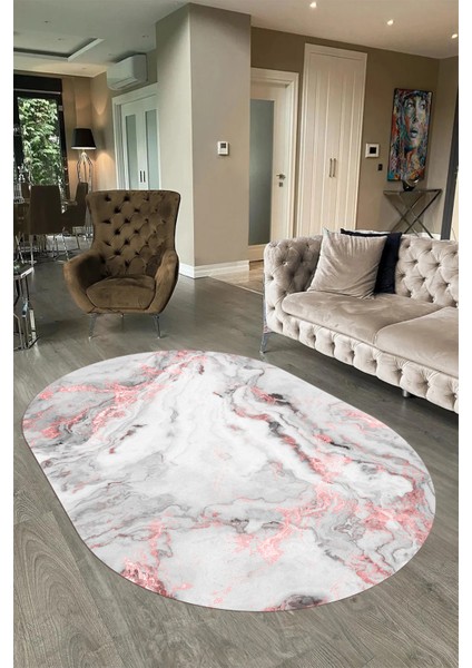 Dijital Baskılı Kaymaz Taban Yıkanabilir Mermer Oval Yolluk Salon Halısı, N-O-Mermer-26-Pembe, fırsatları
