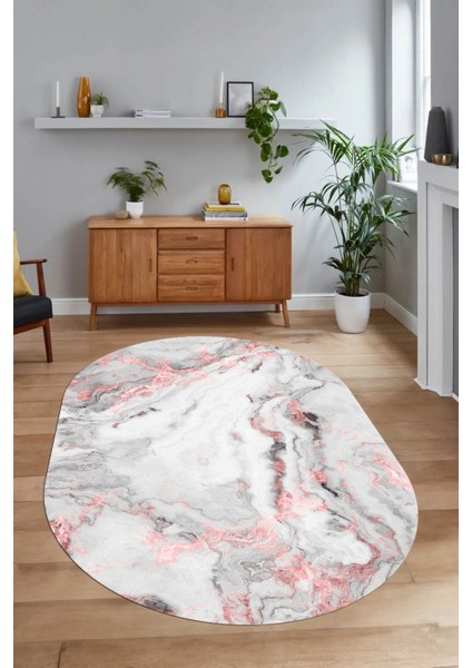 Dijital Baskılı Kaymaz Taban Yıkanabilir Mermer Oval Yolluk Salon Halısı, N-O-Mermer-26-Pembe, indirimleri