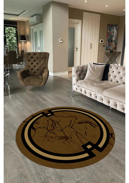 Dijital Baskılı Kaymaz Yıkanabilir Mermer Yuvarlak Mutfak Salon Halısı, N-Y-Mermer-07-Kahve,