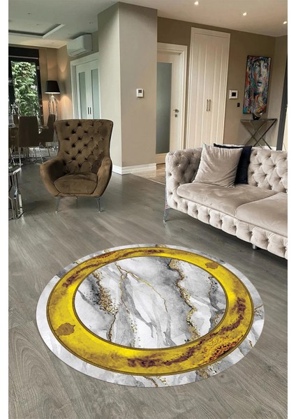 Dijital Baskılı Kaymaz Yıkanabilir Mermer Yuvarlak Mutfak Salon Halısı, N-Y-Mermer-03-Gold,
