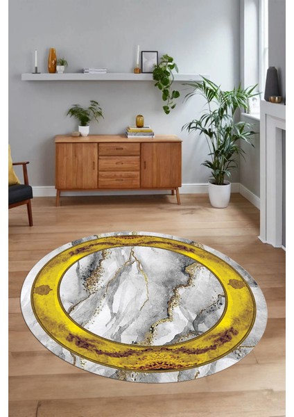 Dijital Baskılı Kaymaz Yıkanabilir Mermer Yuvarlak Mutfak Salon Halısı, N-Y-Mermer-03-Gold,