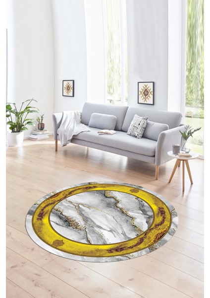 Dijital Baskılı Kaymaz Yıkanabilir Mermer Yuvarlak Mutfak Salon Halısı, N-Y-Mermer-03-Gold,